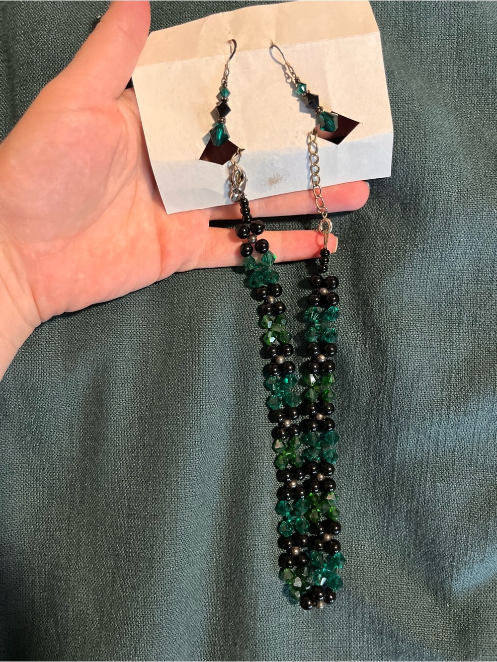Vintage Costume Jewelry Emerald Green and Black Beaded Necklace and Earrings Set